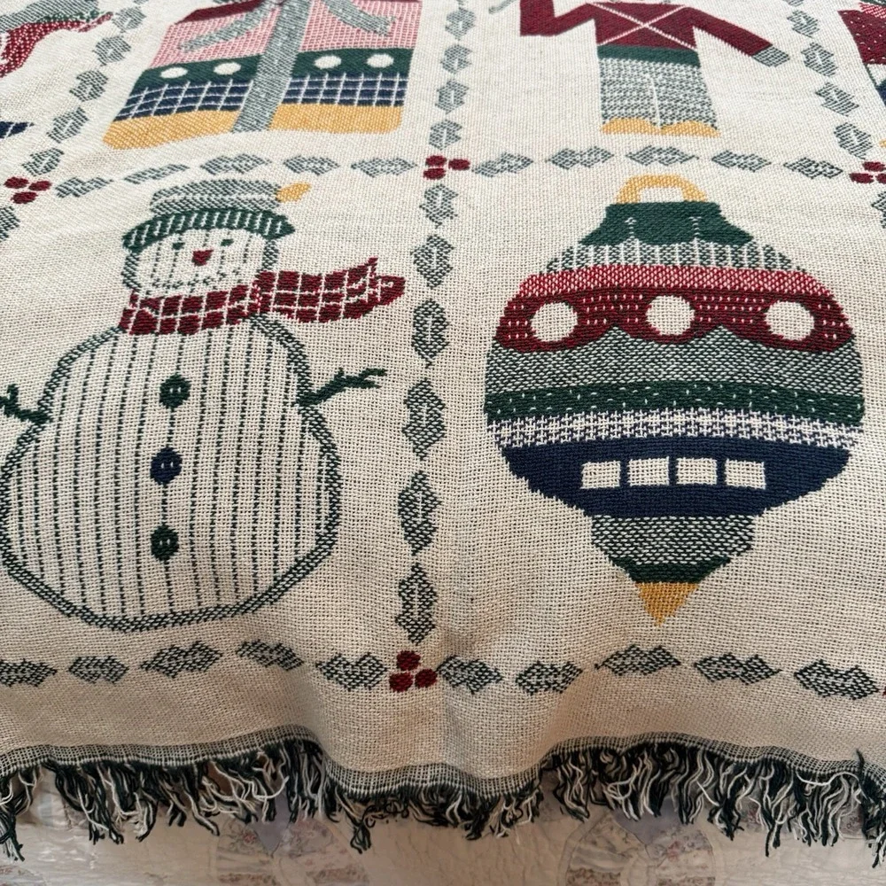 Vintage Tapestry Woven‎ Throw Holly Stockings Snowman Blanket Holiday Christmas